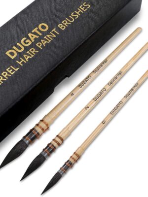 DUGATO Professional Squirrel Hair Paint Brush Set - 3 Brushes for Watercolor, Gouache, Acrylic, Oil