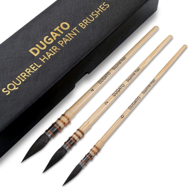 DUGATO Professional Squirrel Hair Paint Brush Set - 3 Brushes for Watercolor, Gouache, Acrylic, Oil