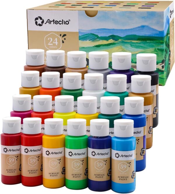 Artecho Acrylic Paint Set - 24 Colors (2oz/59ml) - Non-Toxic Multi-Surface Craft Paint