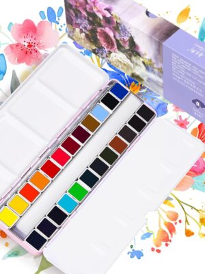 Paul Rubens Artist Grade Watercolor Paint Set - 24 Vibrant Floral Color Pans with Pink Metal Box