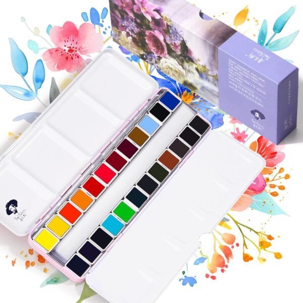 Paul Rubens Artist Grade Watercolor Paint Set - 24 Vibrant Floral Color Pans with Pink Metal Box