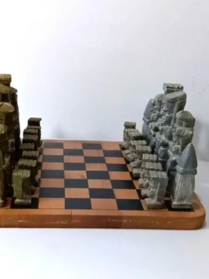 Vintage Hand Made African Theme Soap Stone Chess Set with Wooden Board